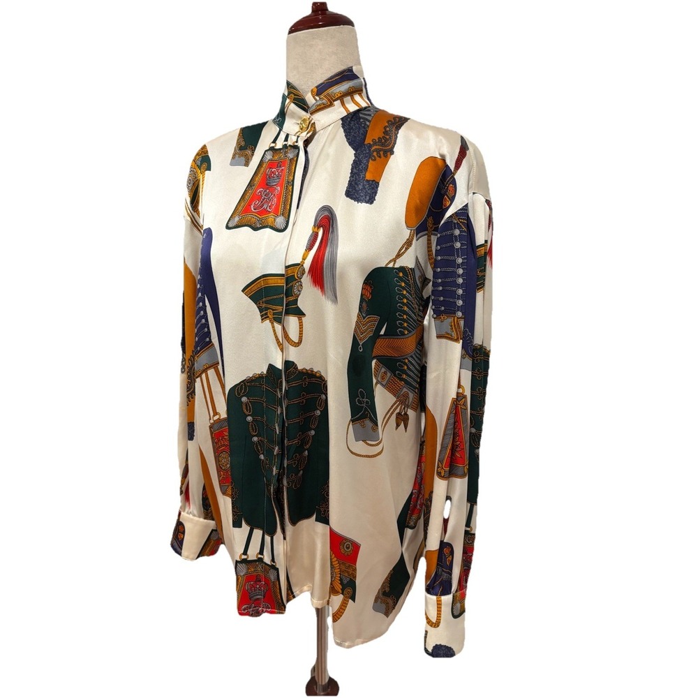 VINTAGE ESCADA MARGARETHA LEY 80s Silk Blouse Military Gold Bottoms Germany 38 M - Picture 4 of 9